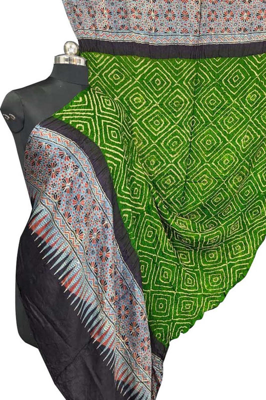 Green Bandhani Ajrakh Gajji Silk Dupatta - Luxurion World