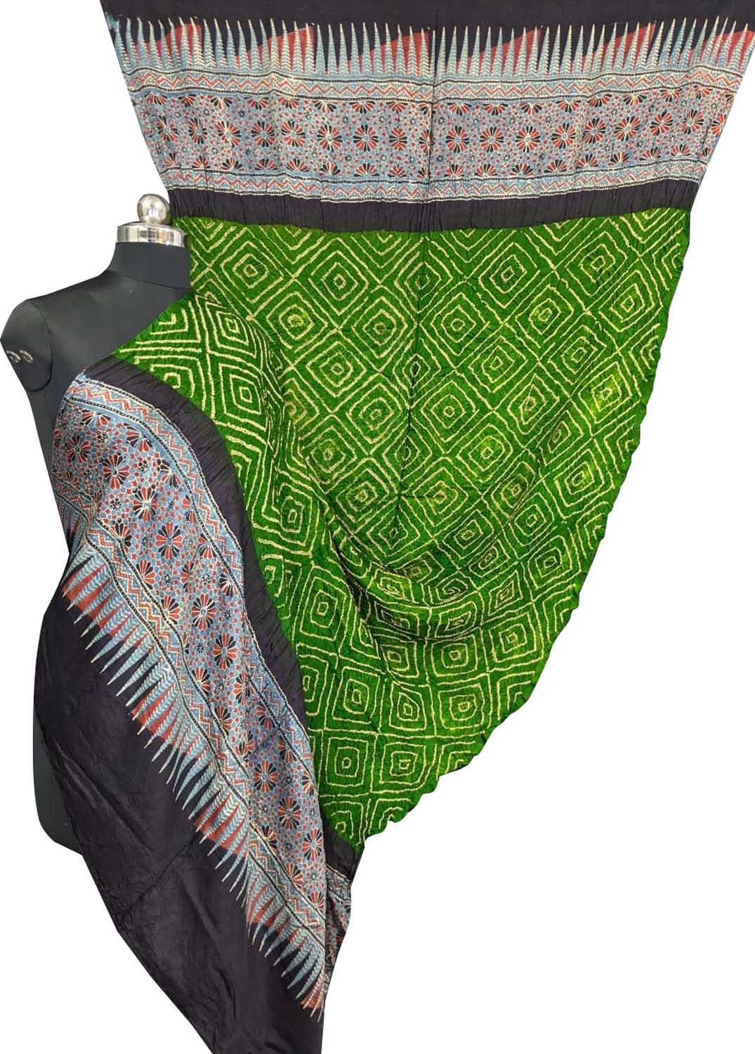 Green Bandhani Ajrakh Gajji Silk Dupatta - Luxurion World