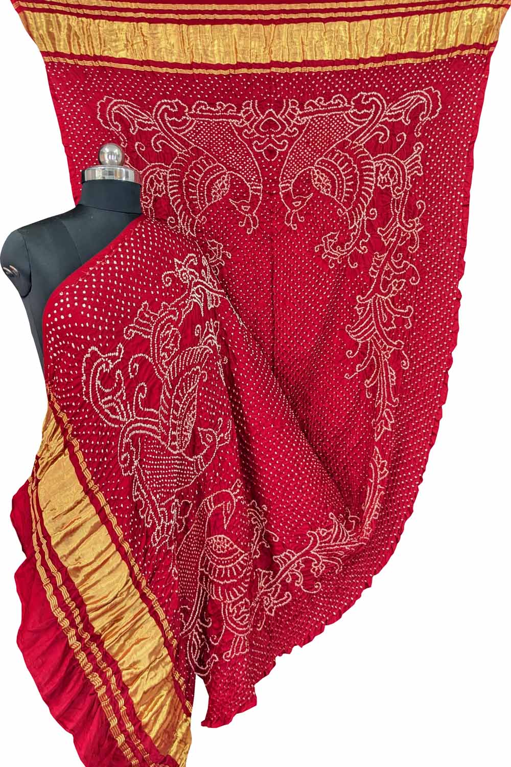 Stunning Red Bandhani Gajji Silk Peacock Dupatta - Luxurion World