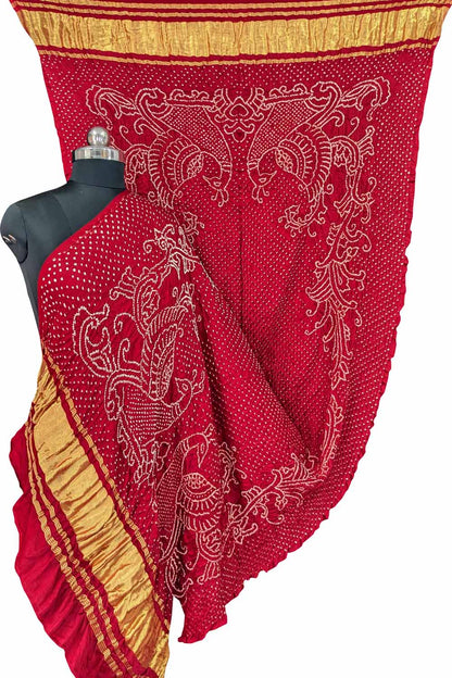 Stunning Red Bandhani Gajji Silk Peacock Dupatta - Luxurion World