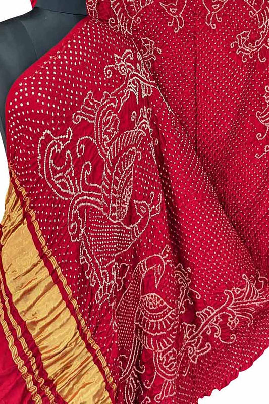 Stunning Red Bandhani Gajji Silk Peacock Dupatta - Luxurion World
