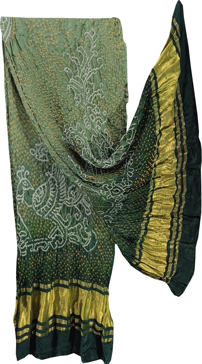 Green Bandhani Gajji Silk Peacock Dupatta - Luxurion World