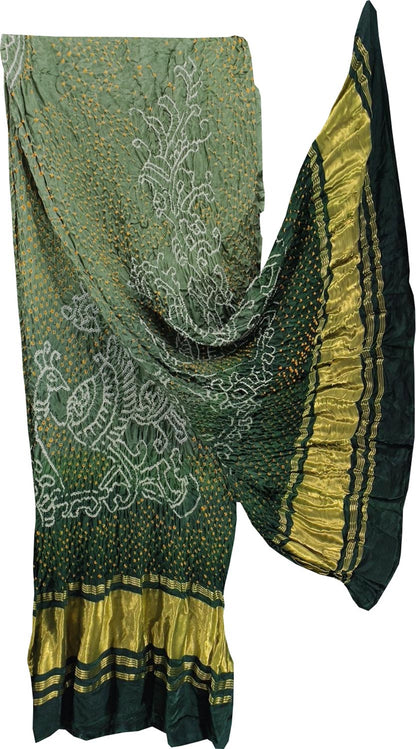 Green Bandhani Gajji Silk Peacock Dupatta - Luxurion World
