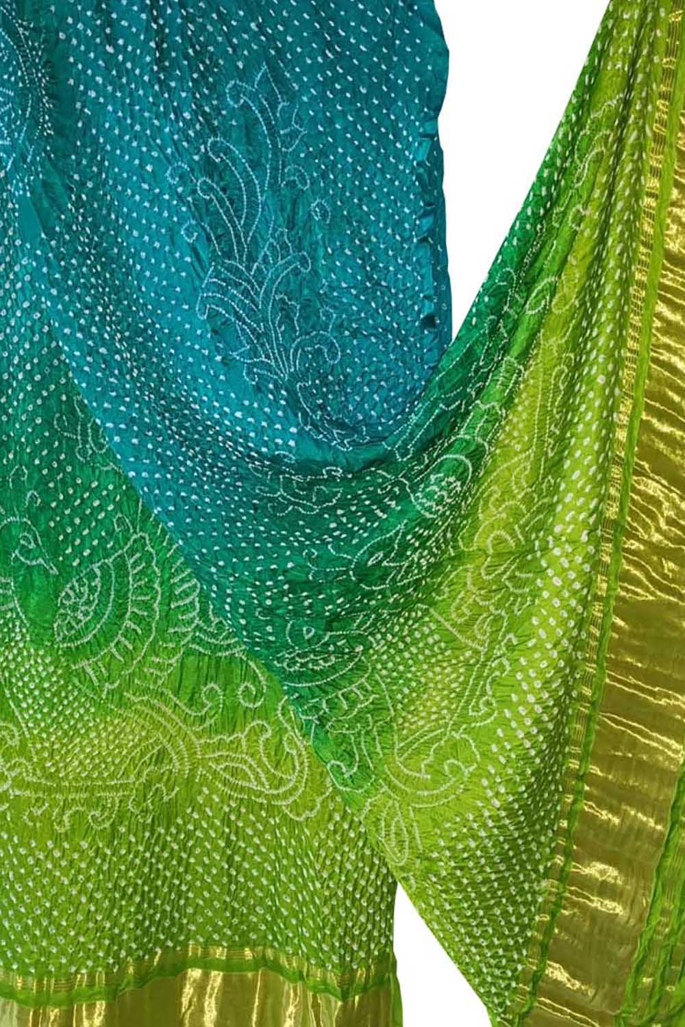 Peacock Design Gajji Silk Bandhani Dupatta in Green and Blue - Luxurion World