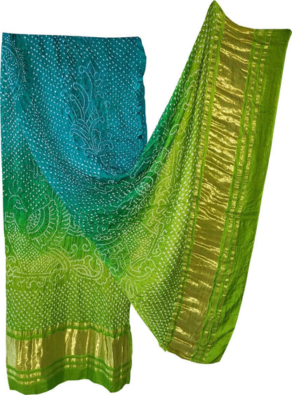 Peacock Design Gajji Silk Bandhani Dupatta in Green and Blue - Luxurion World
