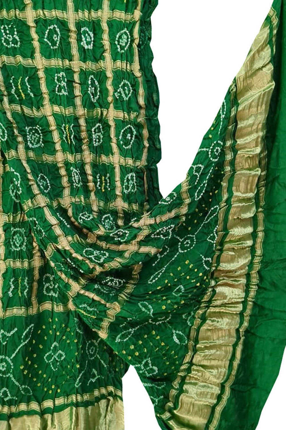 Green Bandhani Handloom Pure Gajji Silk Gharchola Dupatta - Luxurion World- Crafted Heirlooms