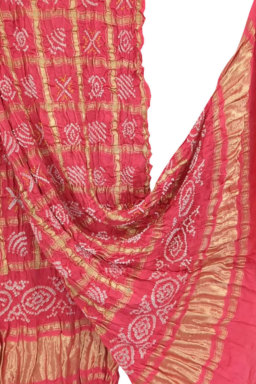 Stunning Pink Bandhani Handloom Pure Gajji Silk Gharchola Checks Dupatta - Luxurion World- Crafted Heirlooms