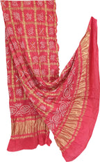 Stunning Pink Bandhani Handloom Pure Gajji Silk Gharchola Checks Dupatta - Luxurion World- Crafted Heirlooms