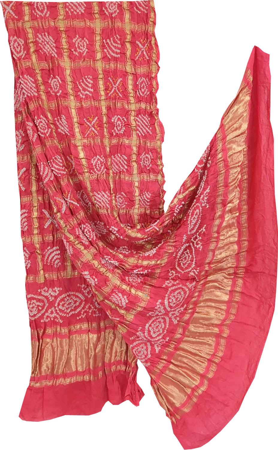 Stunning Pink Bandhani Handloom Pure Gajji Silk Gharchola Checks Dupatta - Luxurion World- Crafted Heirlooms