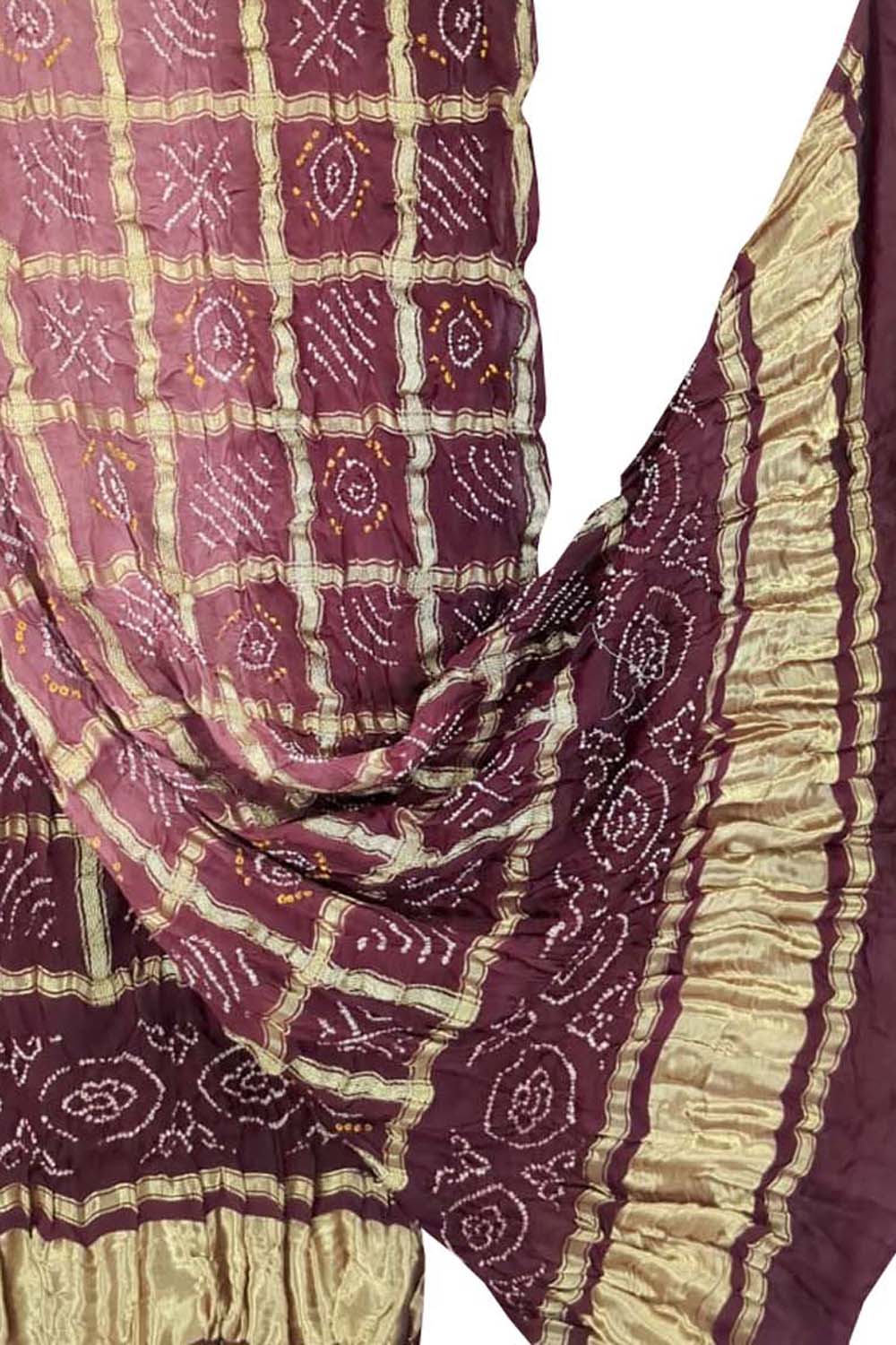Brown Bandhani Handloom Pure Gajji Silk Gharchola Dupatta - Luxurion World- Crafted Heirlooms