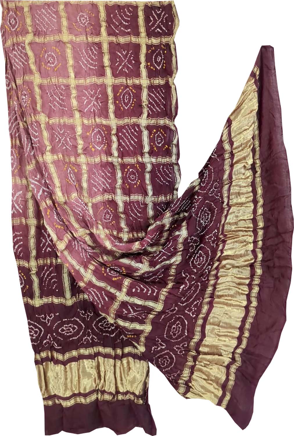 Brown Bandhani Handloom Pure Gajji Silk Gharchola Dupatta - Luxurion World- Crafted Heirlooms
