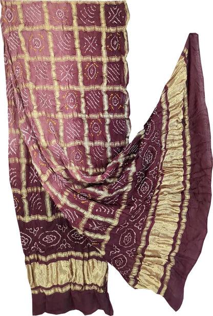 Brown Bandhani Handloom Pure Gajji Silk Gharchola Dupatta - Luxurion World