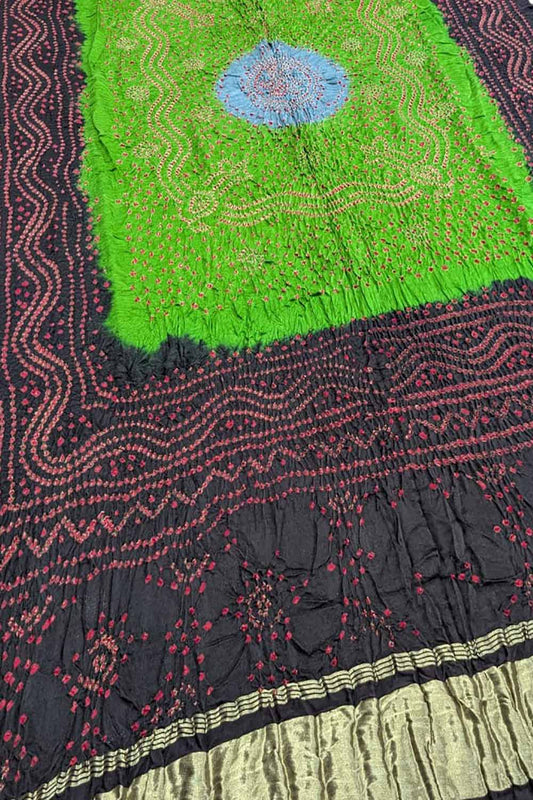 Stunning Black & Green Bandhani Gajji Silk Dupatta - Luxurion World