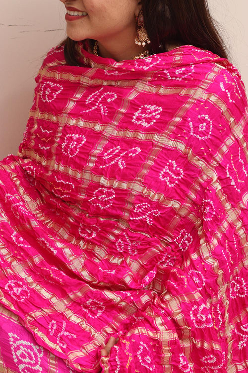 Stunning Pink Bandhani Gajji Silk Dupatta - Luxurion World- Crafted Heirlooms