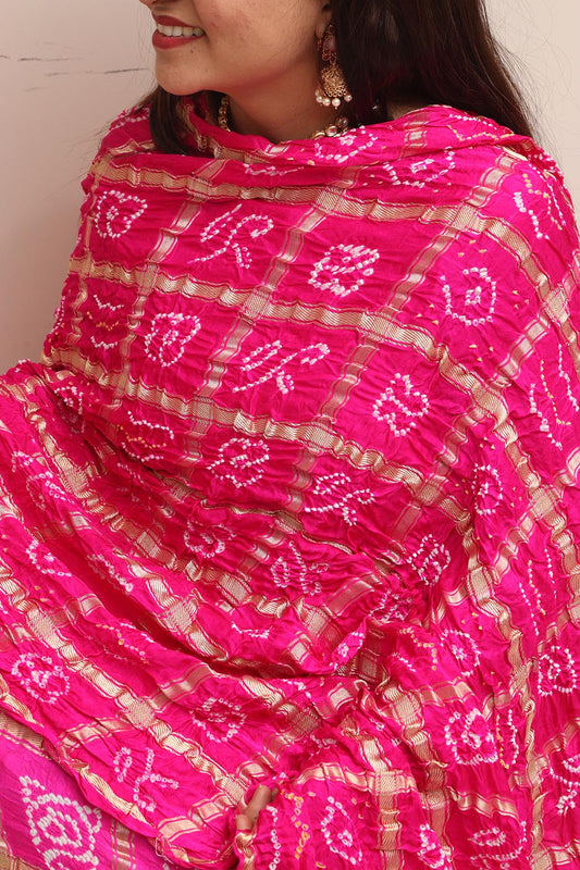 Stunning Pink Bandhani Gajji Silk Dupatta - Luxurion World
