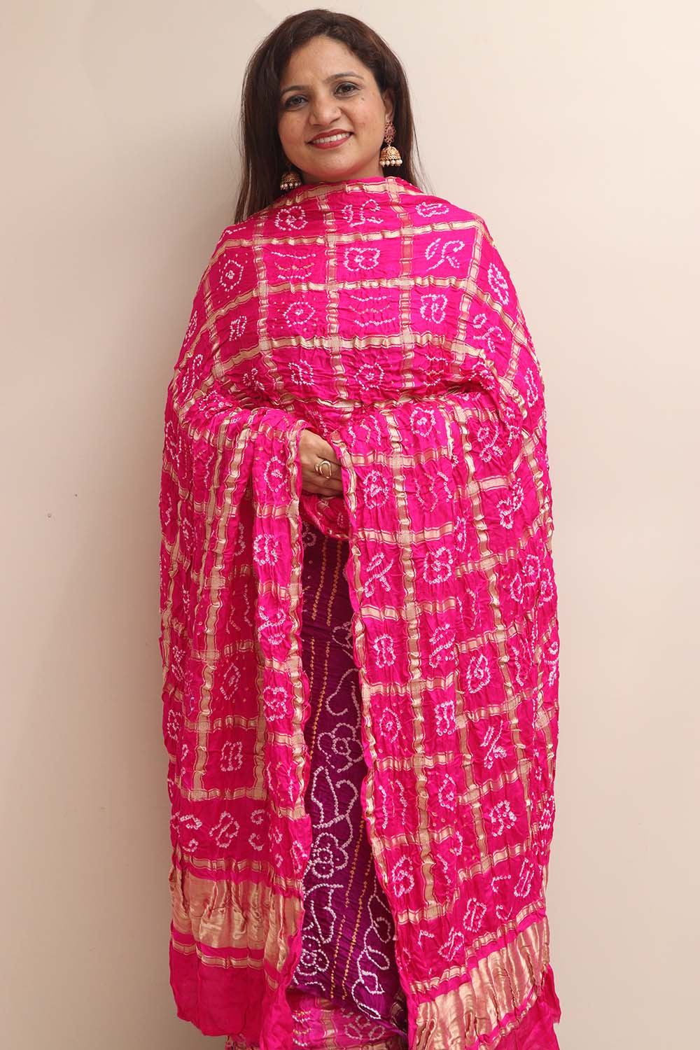 Stunning Pink Bandhani Gajji Silk Dupatta - Luxurion World