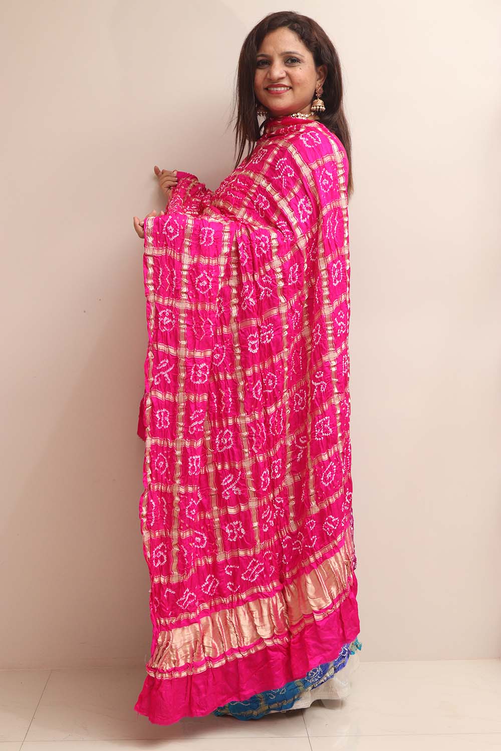 Stunning Pink Bandhani Gajji Silk Dupatta - Luxurion World- Crafted Heirlooms