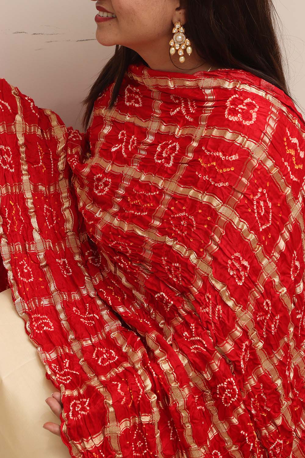 Vibrant Red Bandhani Gajji Silk Dupatta - Pure Elegance - Luxurion World- Crafted Heirlooms