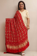 Vibrant Red Bandhani Gajji Silk Dupatta - Pure Elegance - Luxurion World- Crafted Heirlooms