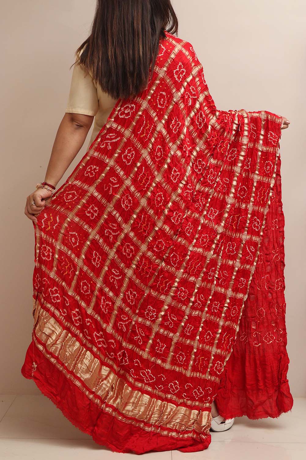 Vibrant Red Bandhani Gajji Silk Dupatta - Pure Elegance - Luxurion World- Crafted Heirlooms