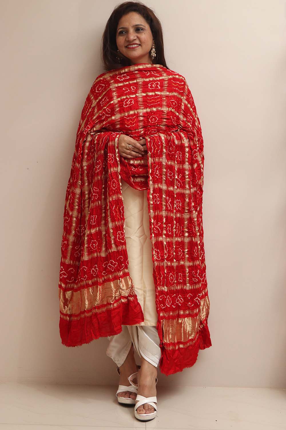 Vibrant Red Bandhani Gajji Silk Dupatta - Pure Elegance - Luxurion World- Crafted Heirlooms