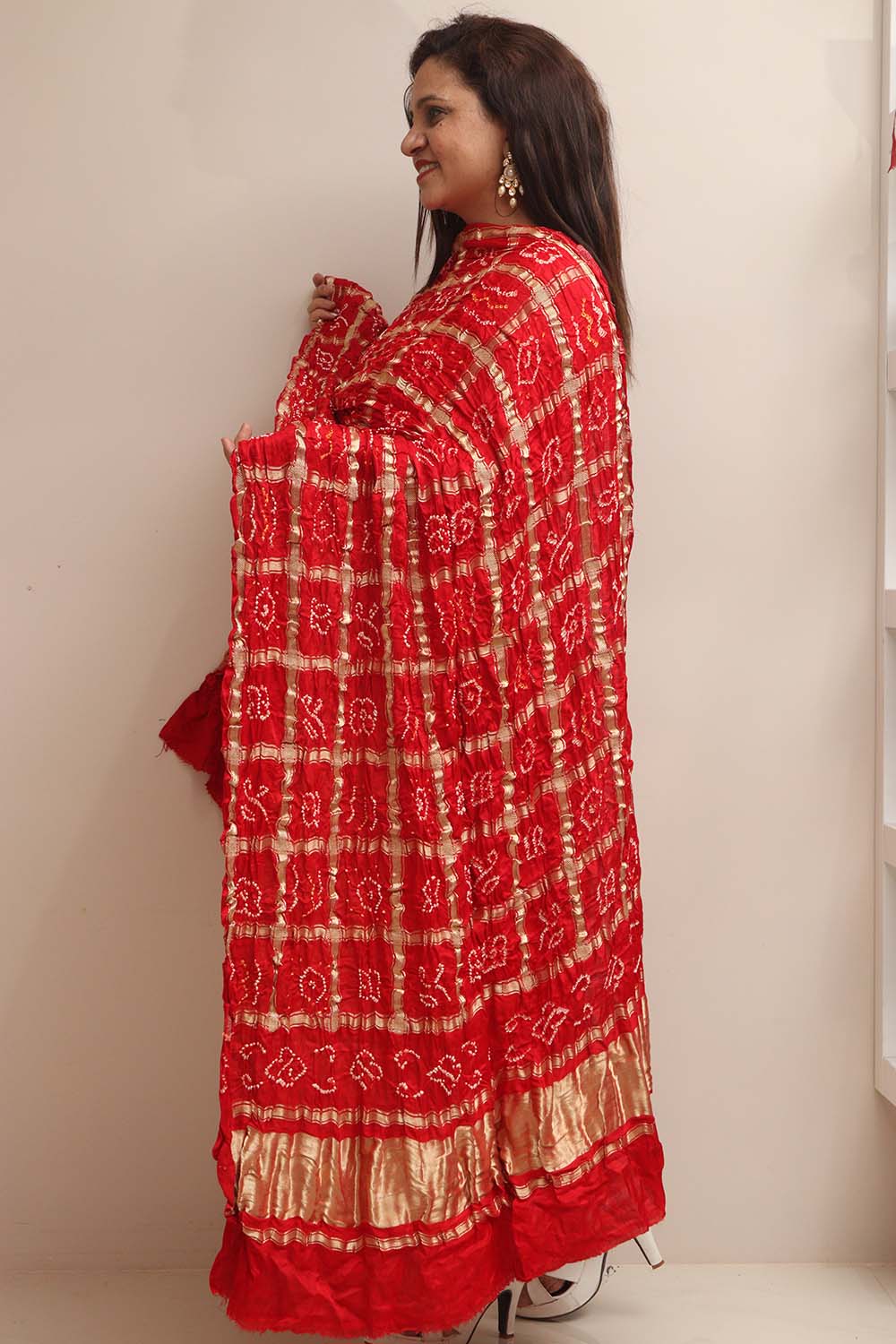 Vibrant Red Bandhani Gajji Silk Dupatta - Pure Elegance - Luxurion World- Crafted Heirlooms
