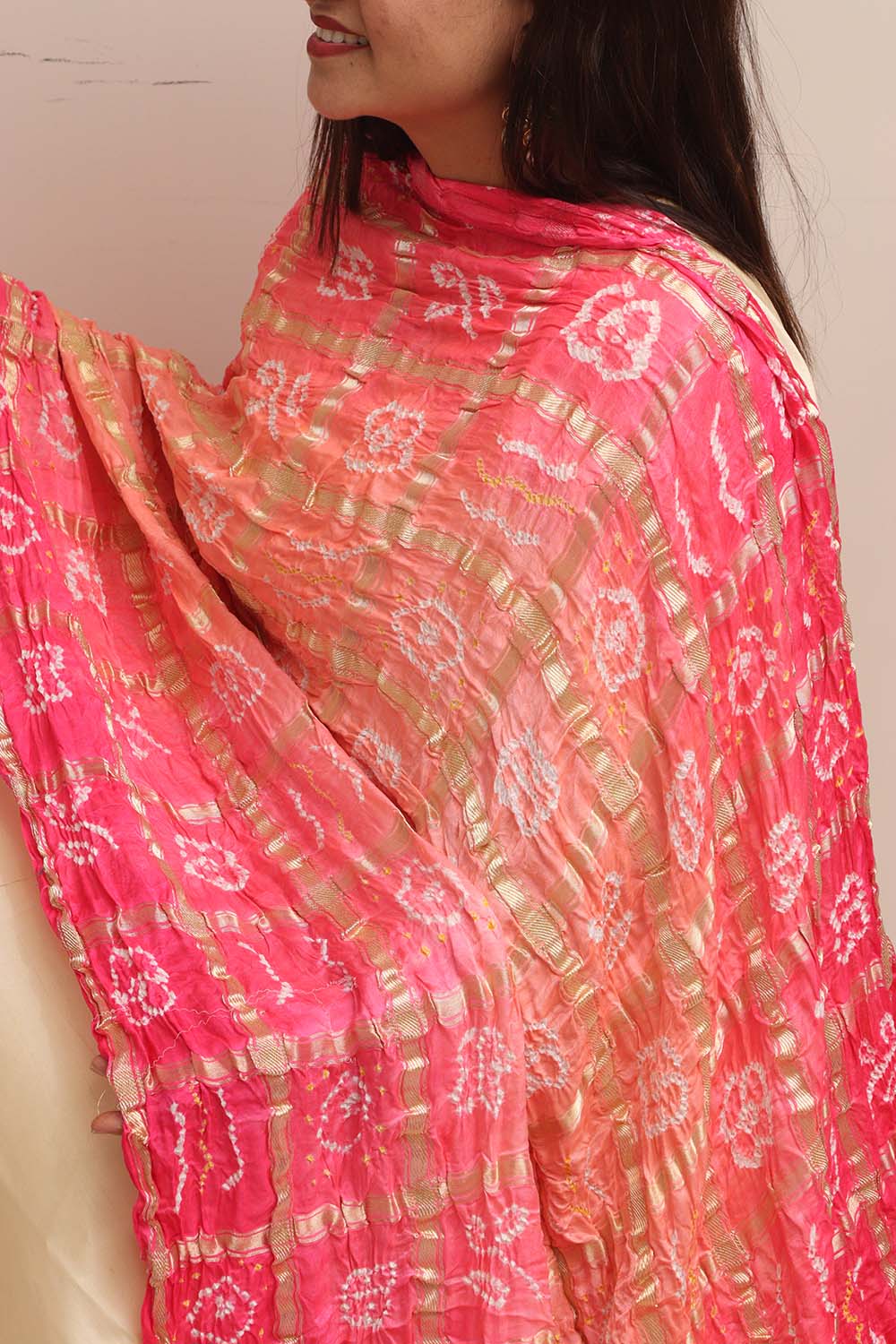 Stunning Pink Bandhani Gajji Silk Dupatta - Luxurion World- Crafted Heirlooms