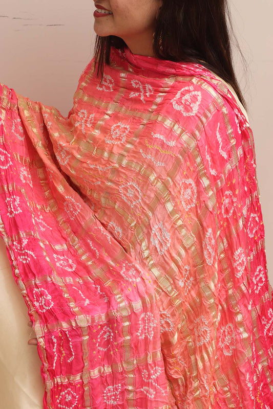 Stunning Pink Bandhani Gajji Silk Dupatta - Luxurion World