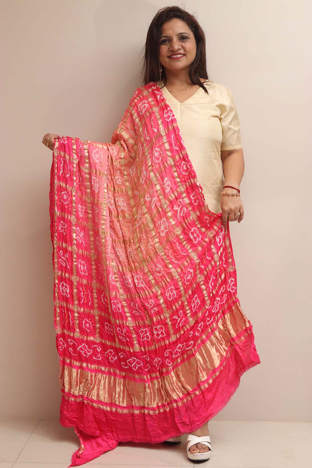 Stunning Pink Bandhani Gajji Silk Dupatta - Luxurion World- Crafted Heirlooms