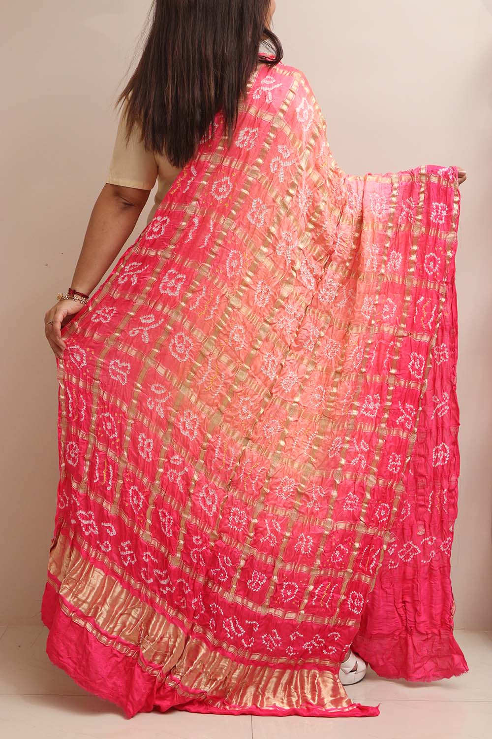 Stunning Pink Bandhani Gajji Silk Dupatta - Luxurion World- Crafted Heirlooms