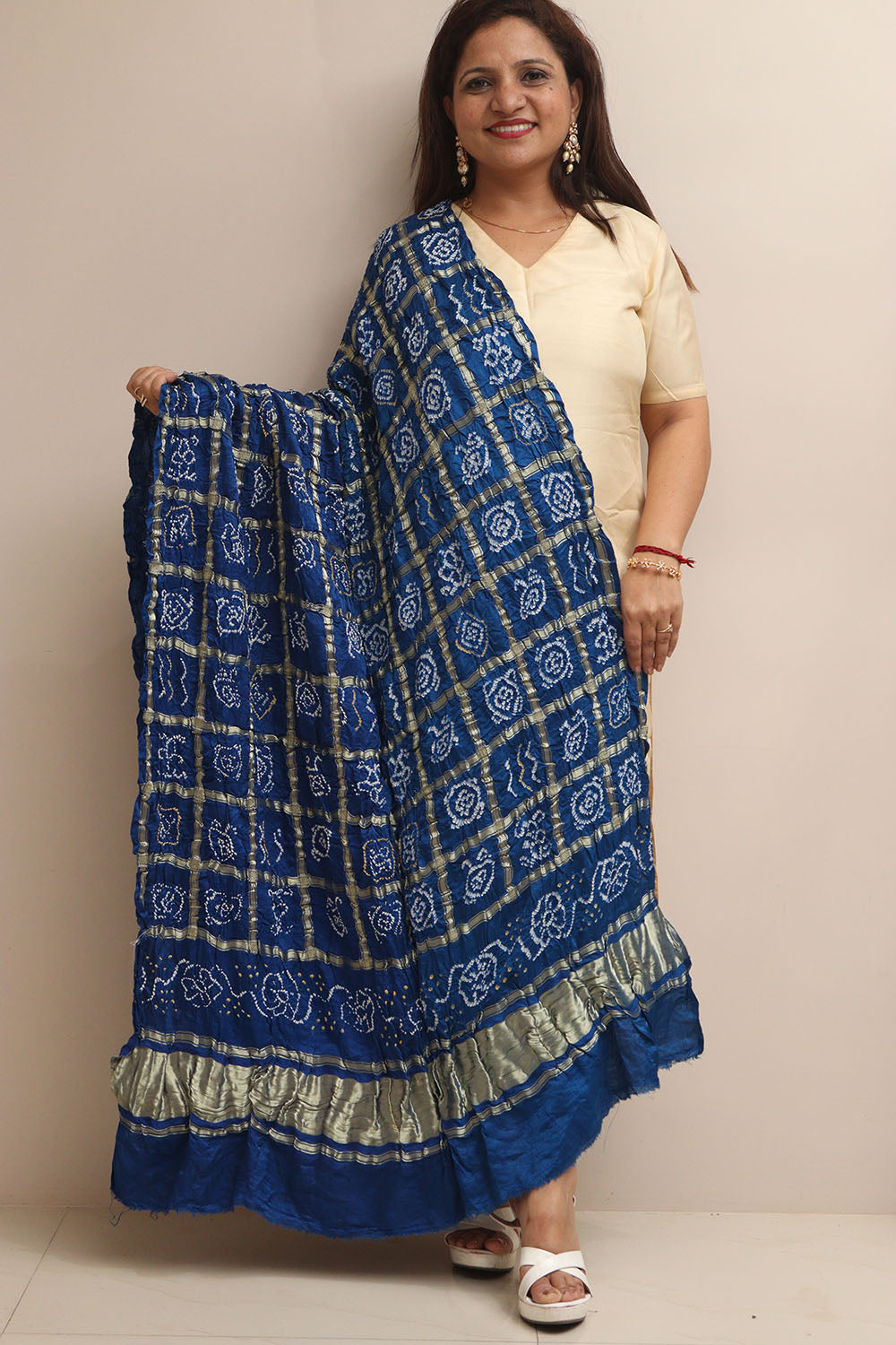 Blue Bandhani Gajji Silk Dupatta - Pure Elegance - Luxurion World- Crafted Heirlooms