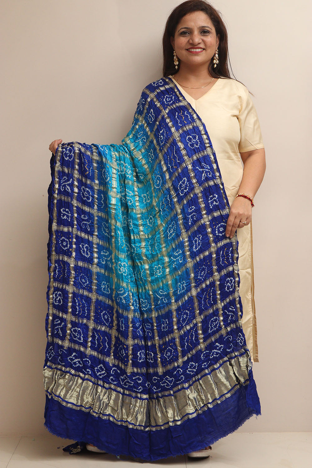 Blue Bandhani Gajji Silk Dupatta - Elegant and Timeless - Luxurion World- Crafted Heirlooms