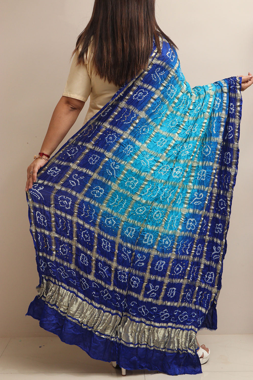 Blue Bandhani Gajji Silk Dupatta - Elegant and Timeless - Luxurion World- Crafted Heirlooms