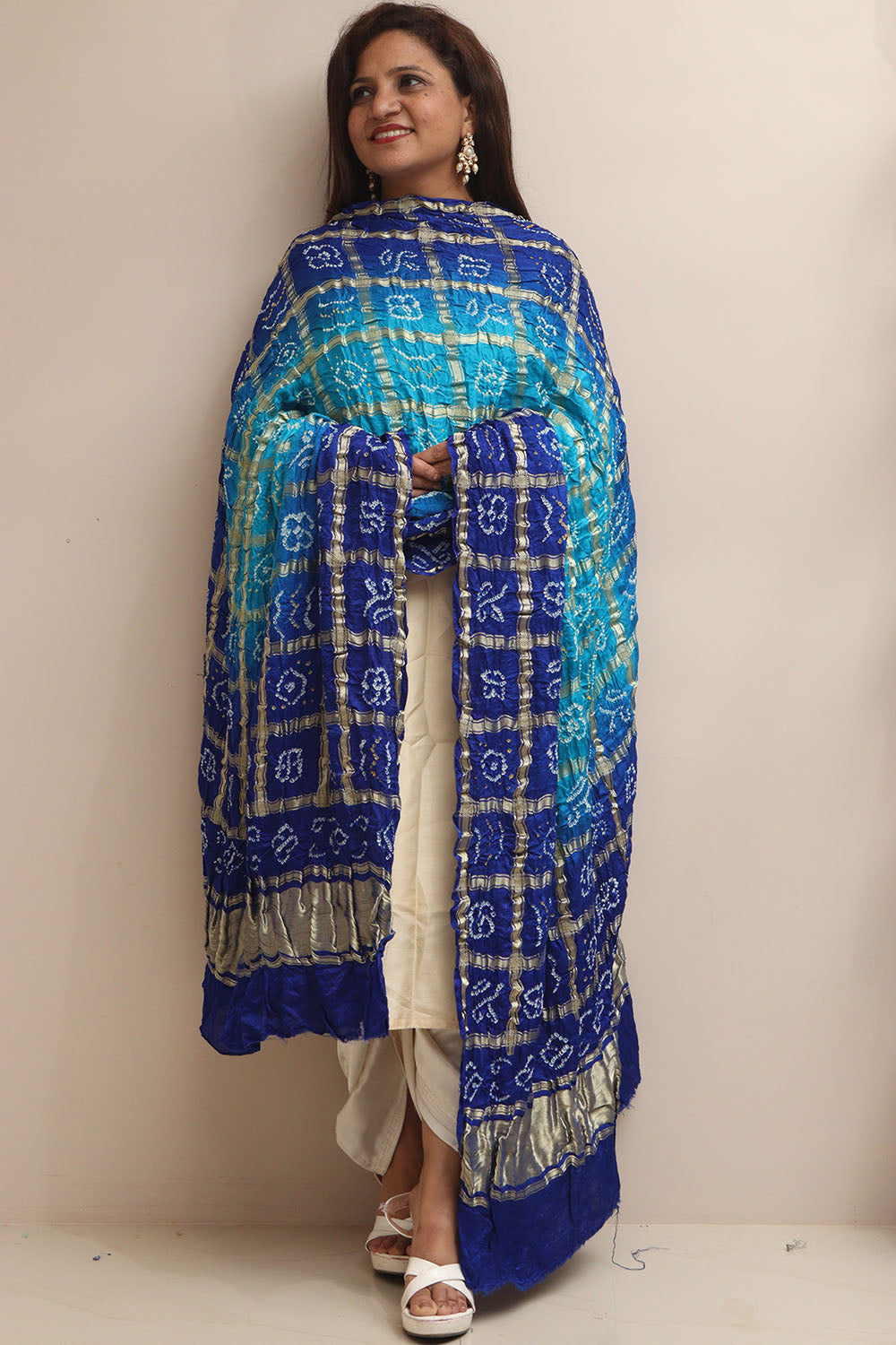 Blue Bandhani Gajji Silk Dupatta - Elegant and Timeless - Luxurion World- Crafted Heirlooms