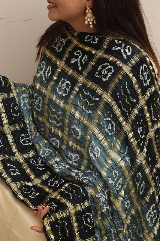 Elegant Black & Grey Bandhani Gajji Silk Dupatta - Luxurion World