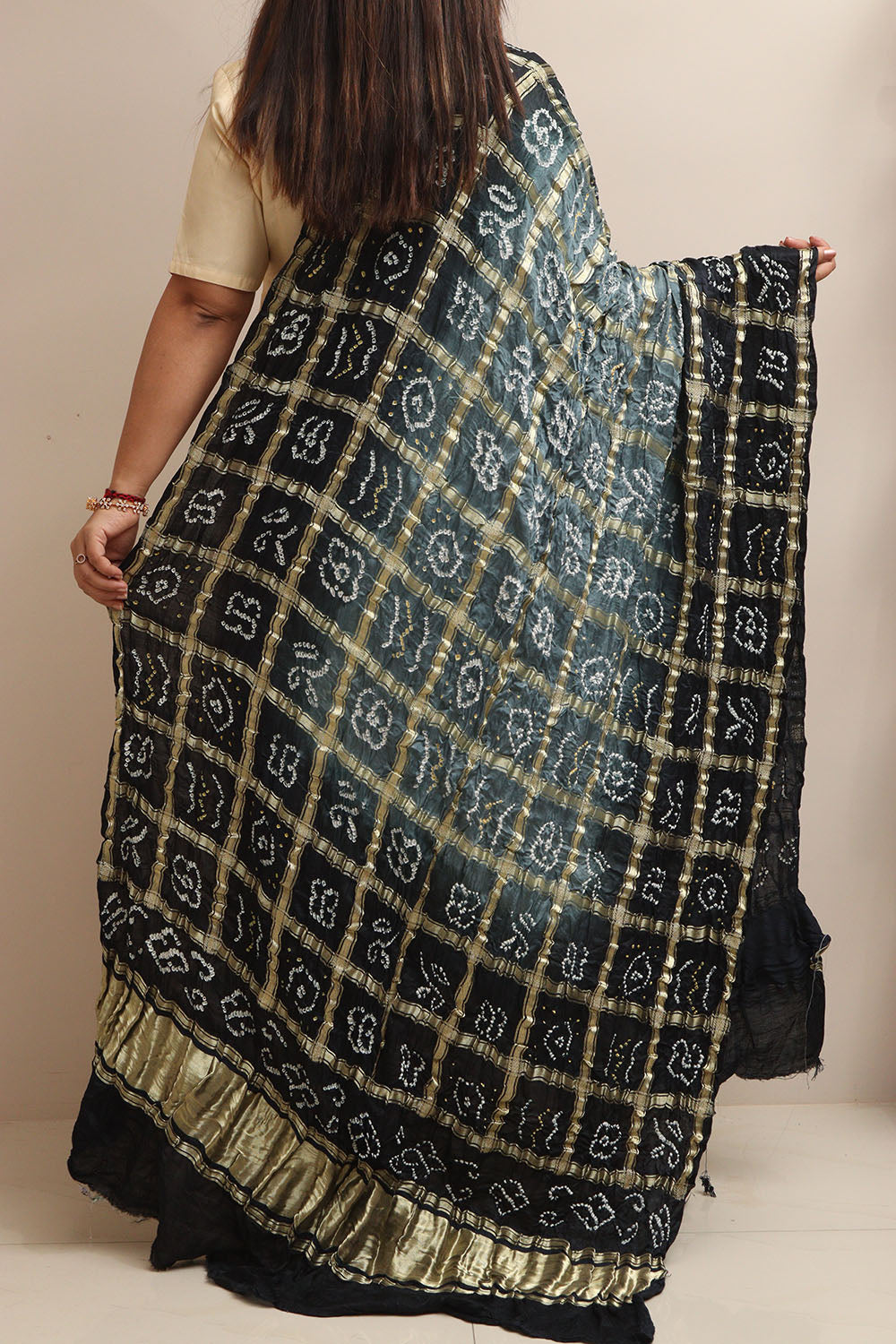 Elegant Black & Grey Bandhani Gajji Silk Dupatta - Luxurion World