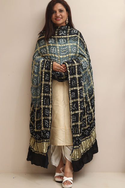 Elegant Black & Grey Bandhani Gajji Silk Dupatta - Luxurion World