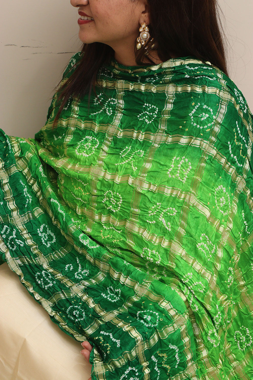 Green Bandhani Gajji Silk Dupatta - Pure Elegance - Luxurion World- Crafted Heirlooms