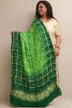 Green Bandhani Gajji Silk Dupatta - Pure Elegance - Luxurion World- Crafted Heirlooms