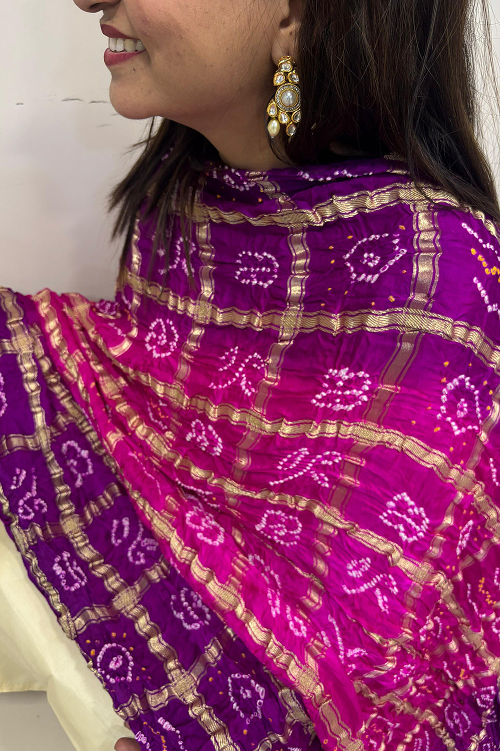 Vibrant Bandhani Gajji Silk Dupatta in Purple & Pink - Luxurion World- Crafted Heirlooms