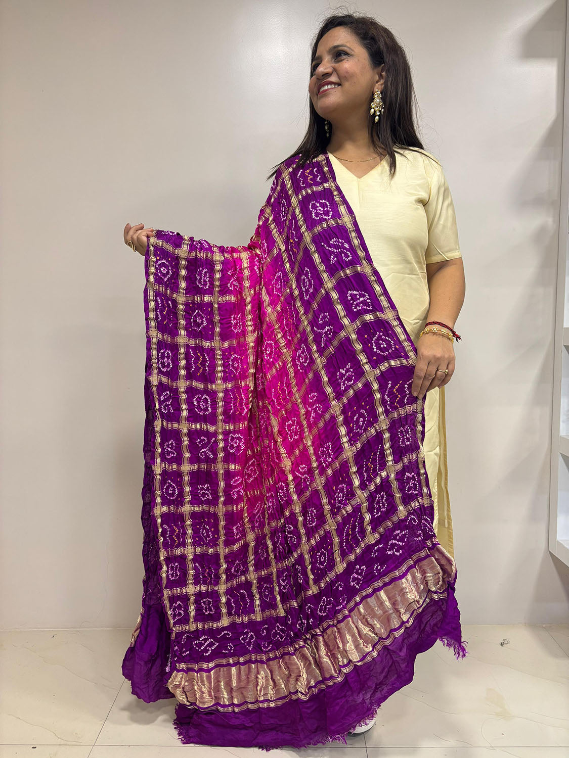 Vibrant Bandhani Gajji Silk Dupatta in Purple & Pink - Luxurion World- Crafted Heirlooms