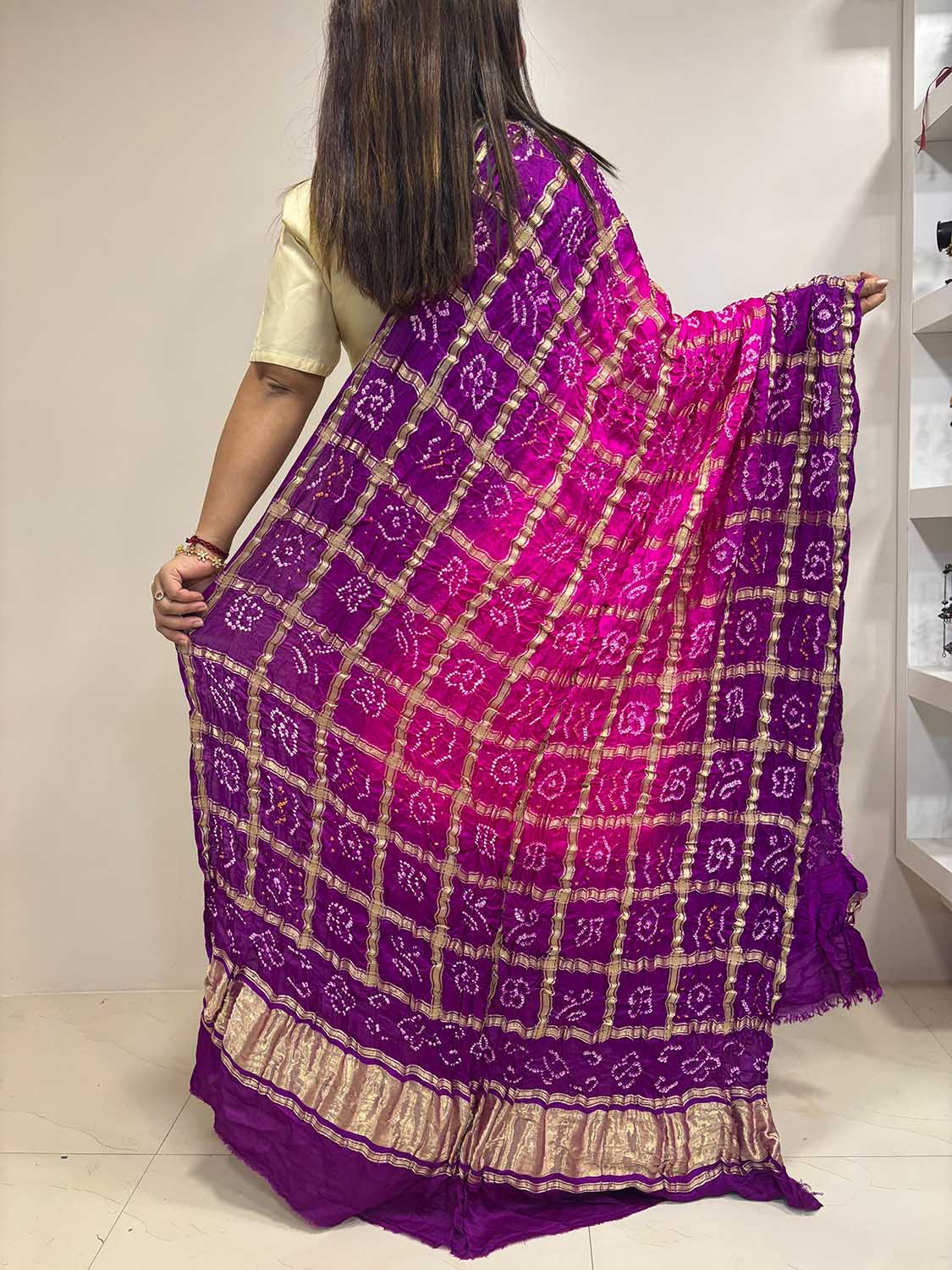 Vibrant Bandhani Gajji Silk Dupatta in Purple & Pink - Luxurion World- Crafted Heirlooms