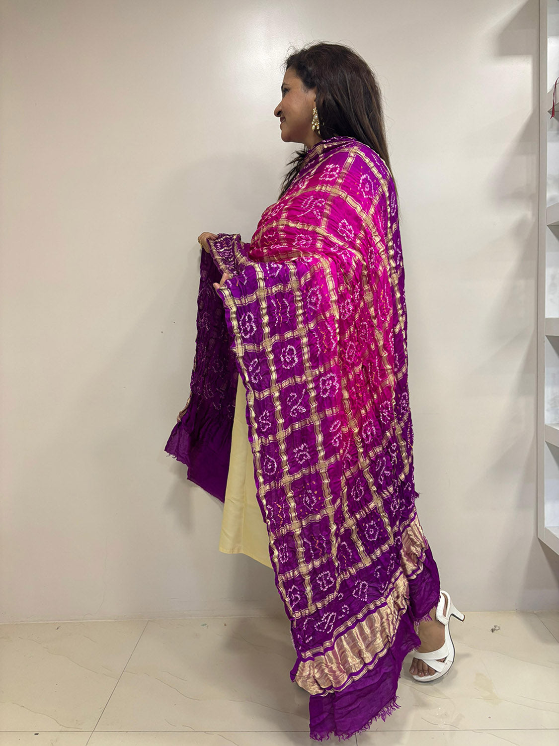 Vibrant Bandhani Gajji Silk Dupatta in Purple & Pink - Luxurion World- Crafted Heirlooms