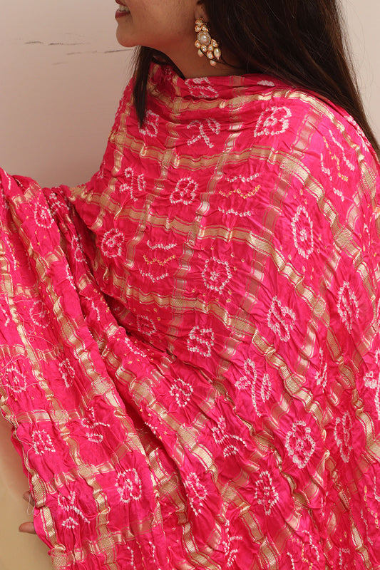 Stunning Pink Bandhani Gajji Silk Dupatta - Luxurion World