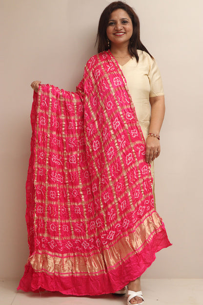 Stunning Pink Bandhani Gajji Silk Dupatta - Luxurion World