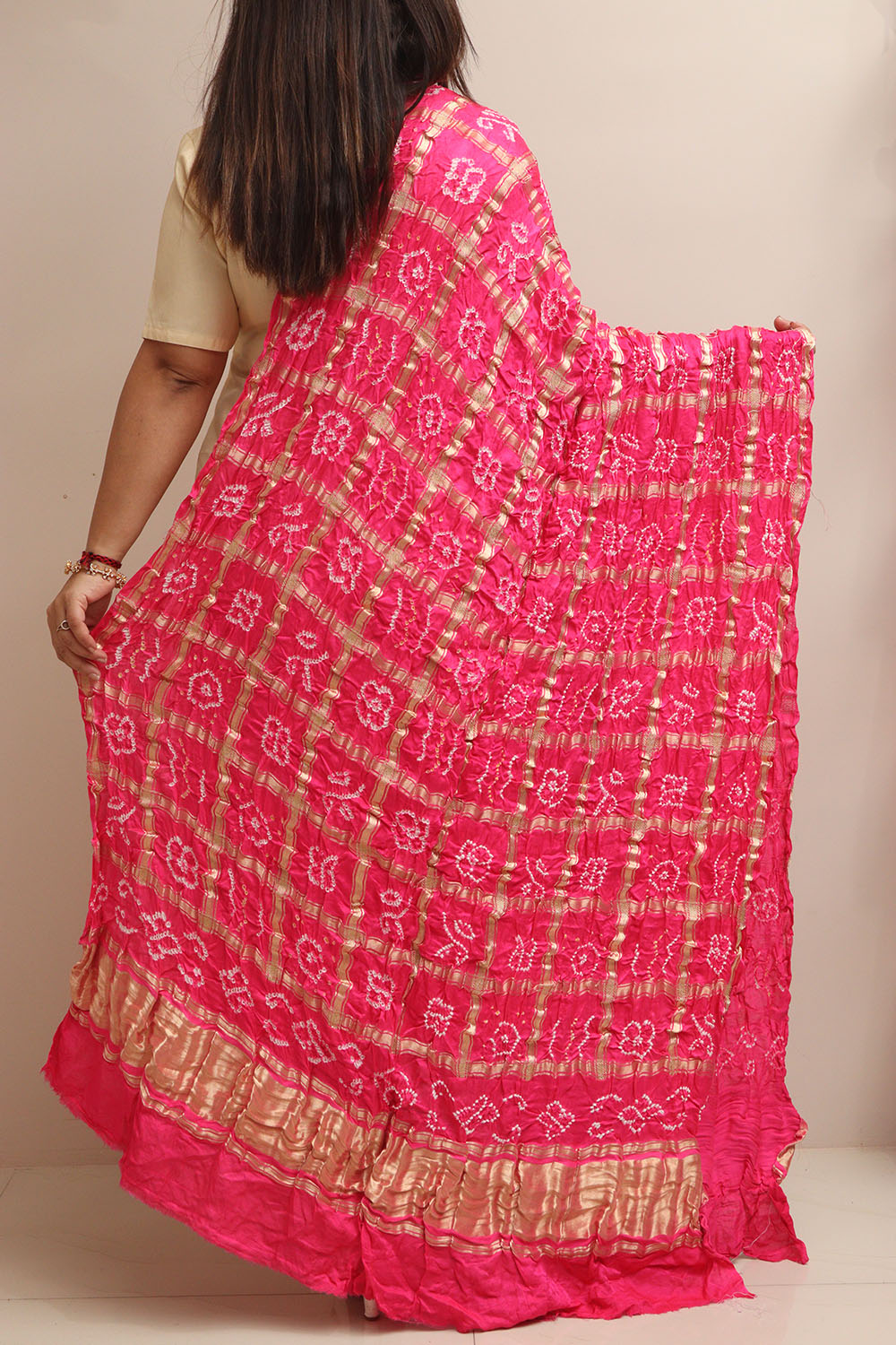 Stunning Pink Bandhani Gajji Silk Dupatta - Luxurion World- Crafted Heirlooms