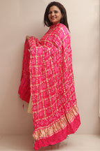 Stunning Pink Bandhani Gajji Silk Dupatta - Luxurion World- Crafted Heirlooms