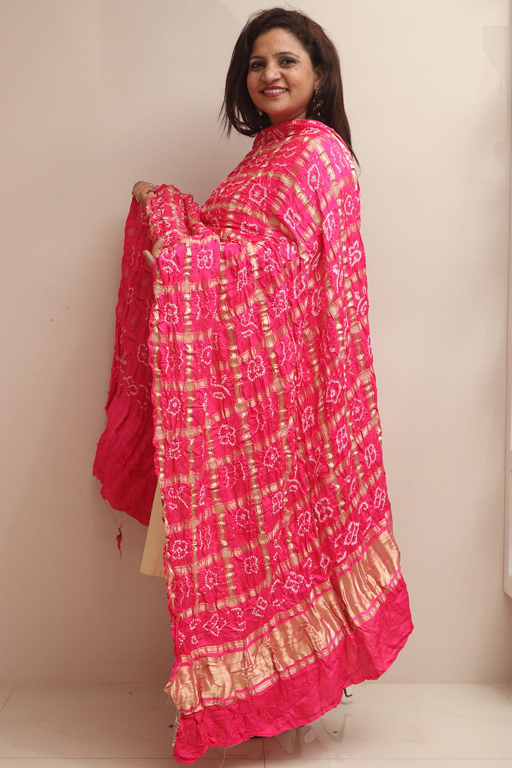 Stunning Pink Bandhani Gajji Silk Dupatta - Luxurion World- Crafted Heirlooms