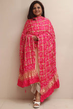 Stunning Pink Bandhani Gajji Silk Dupatta - Luxurion World- Crafted Heirlooms