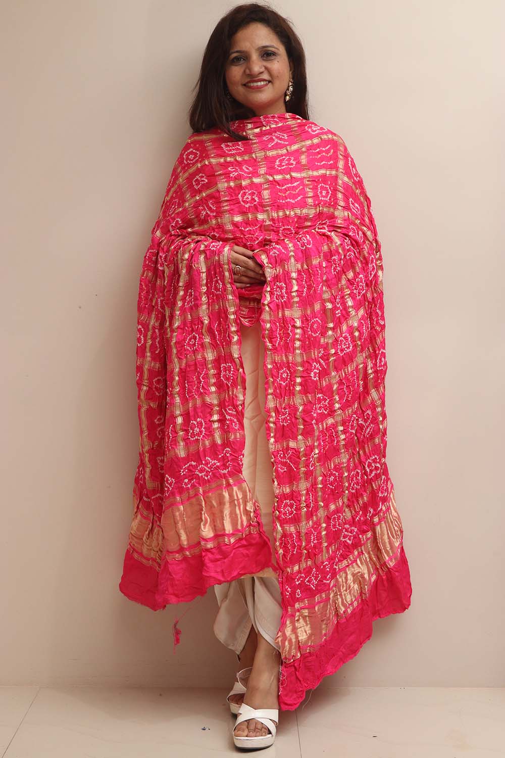 Stunning Pink Bandhani Gajji Silk Dupatta - Luxurion World- Crafted Heirlooms